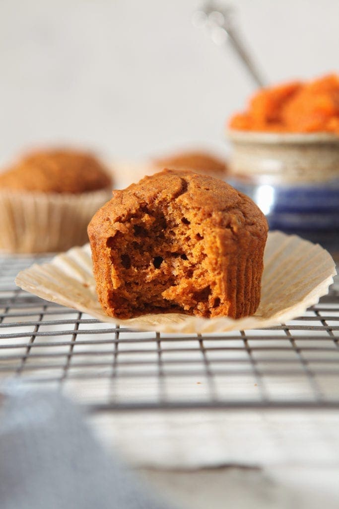 Close up of a vegan pumpkin muffin with a bite taken out of it