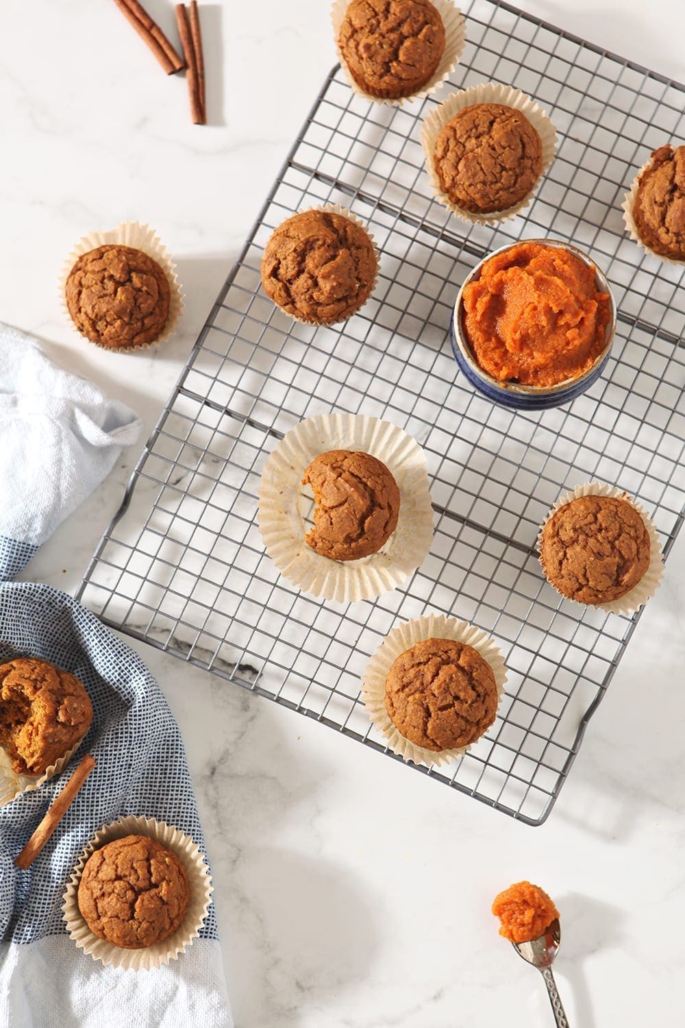 Overhead of Vegan Pumpkin Muffins on a cooling rack