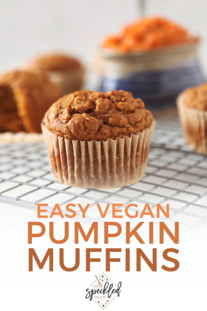 Several muffins on a wire cooling rack with the text 'easy vegan pumpkin muffins'