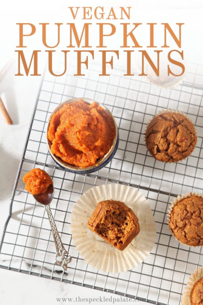 Overhead of pumpkin muffins on a cooling rack, with text