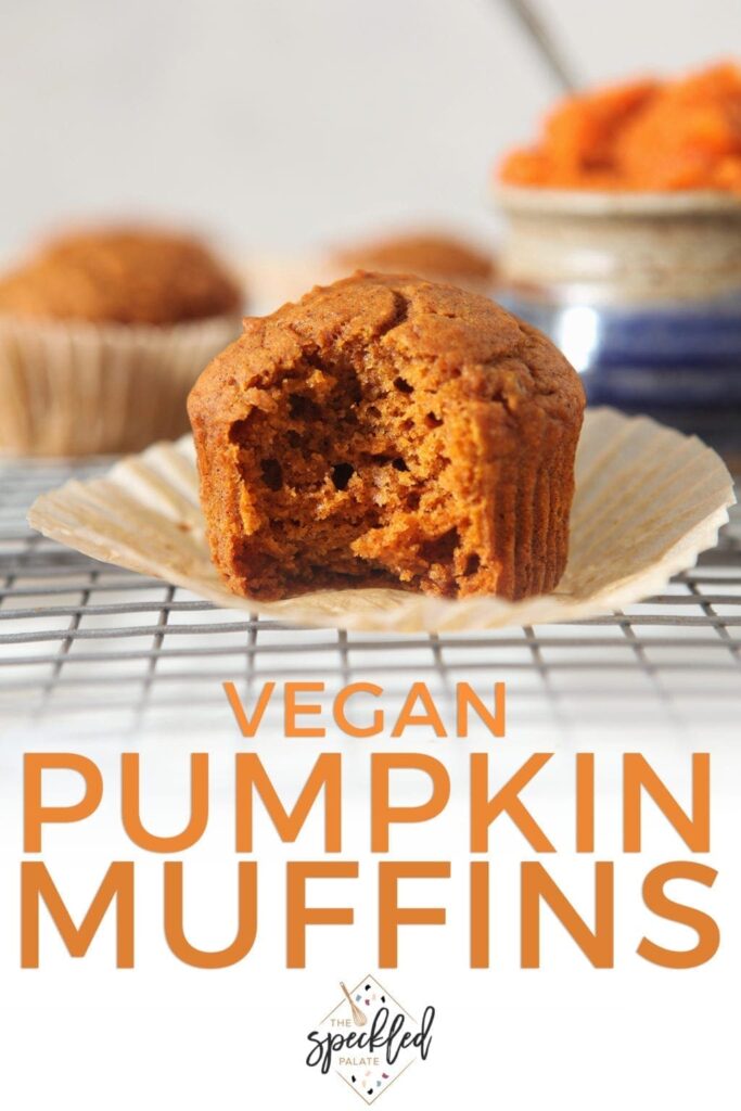 Close up of a Vegan Pumpkin Muffin on a cooling rack, with text