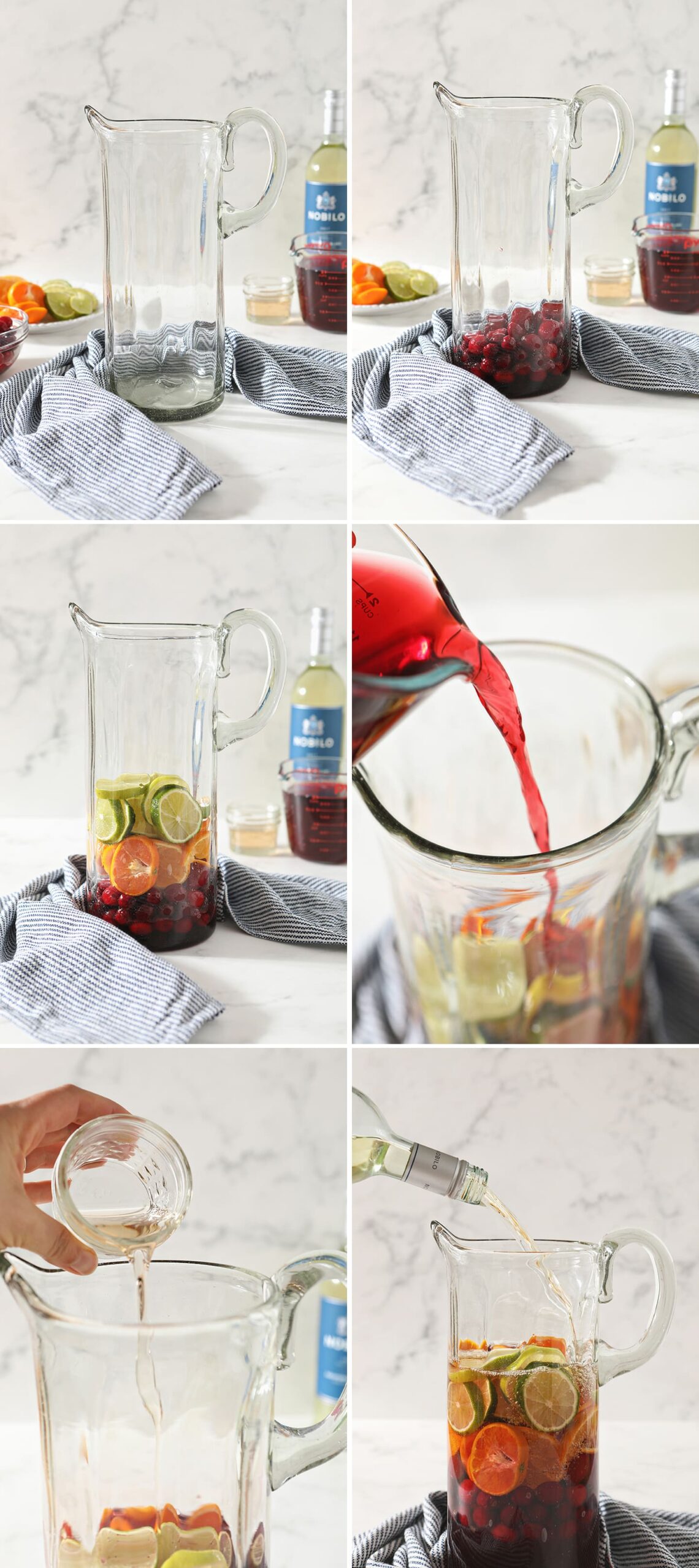 Collage of six images showing how ingredients are added to the sangria