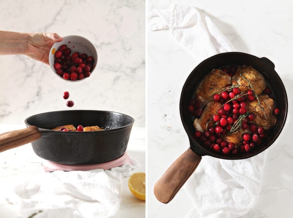 Collage of cranberries going into the skillet, next to an image of the dish before it goes into the oven