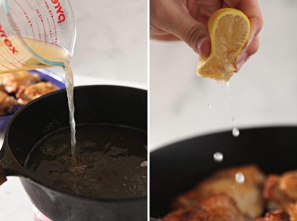 Collage of two images, showing the pouring of bone broth and the squeezing of a lemon, side by side