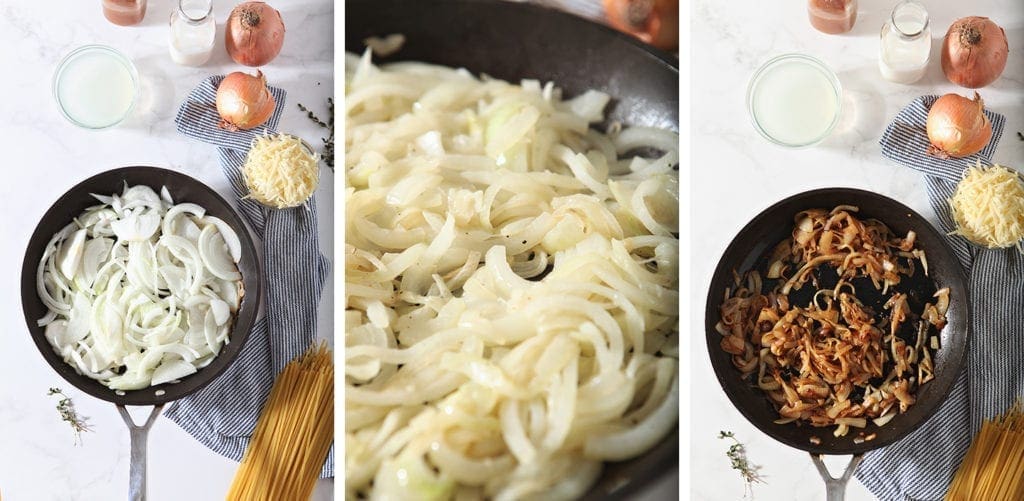 Three photo collage that shows the steps of caramelizing the onions