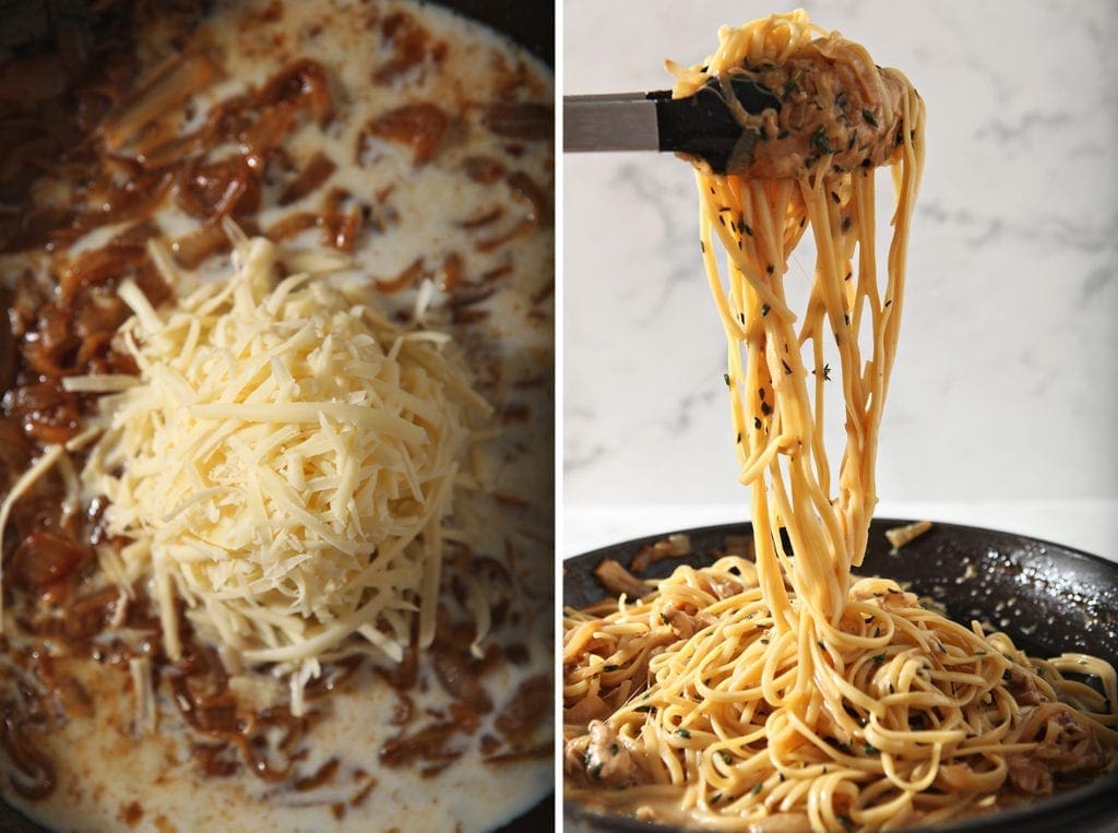 Collage of two images that shows ingredients in the sauce and the addition of pasta to it