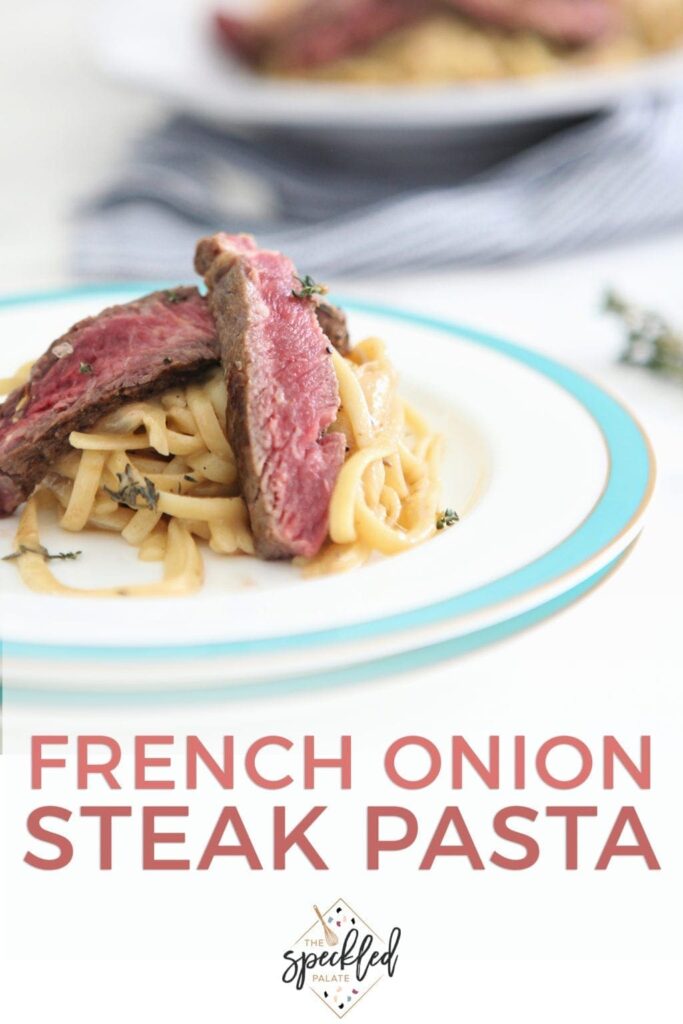 Close up of steak on top of pasta, with Pinterest text