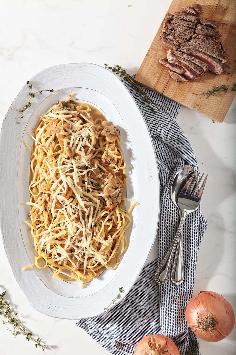 The final dish on a large platter, before serving