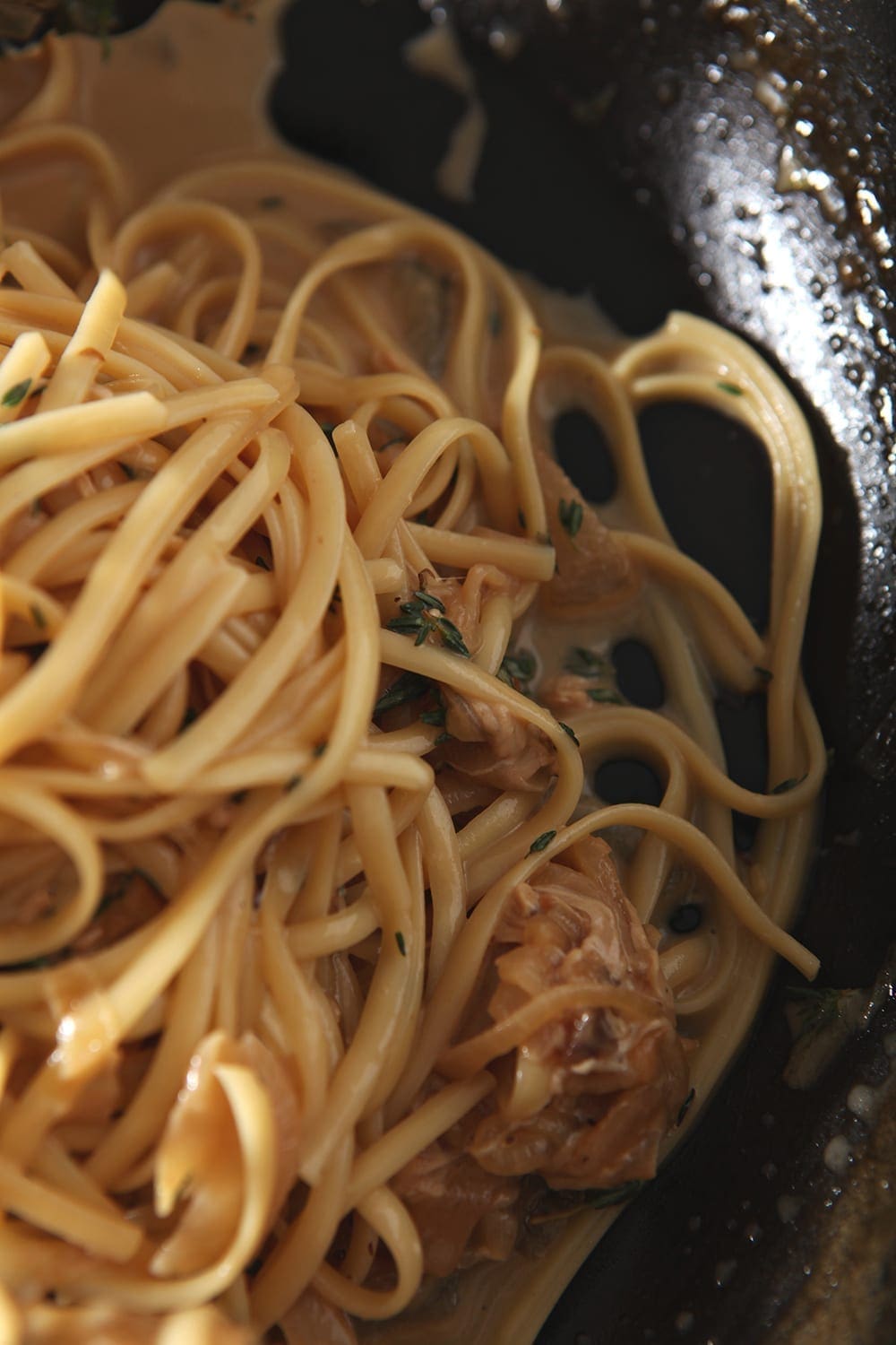 Close up of the pasta in the skillet before serving