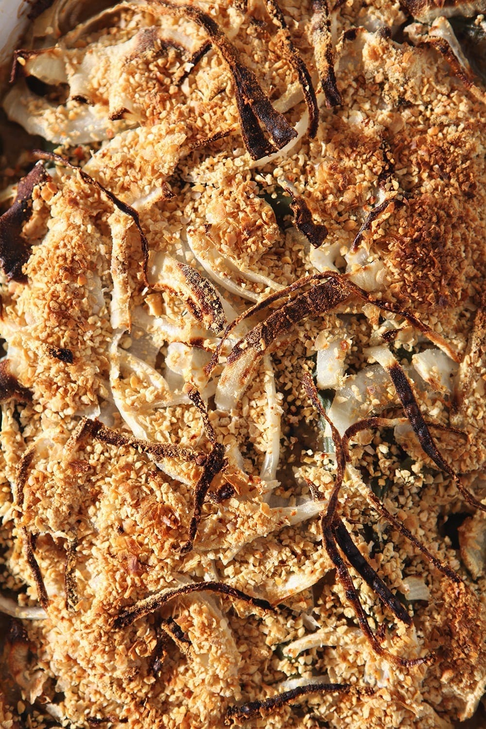 Close up of the crispy onion topping, after baking