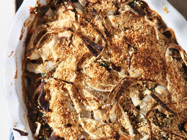 Fresh Green Bean Casserole on a baking dish, after baking