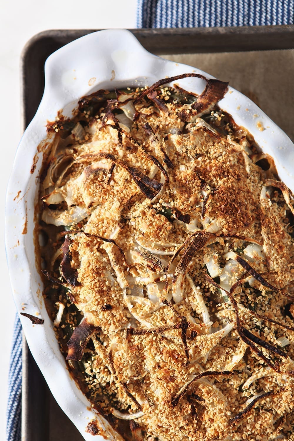 Fresh Green Bean Casserole on a baking dish, after baking