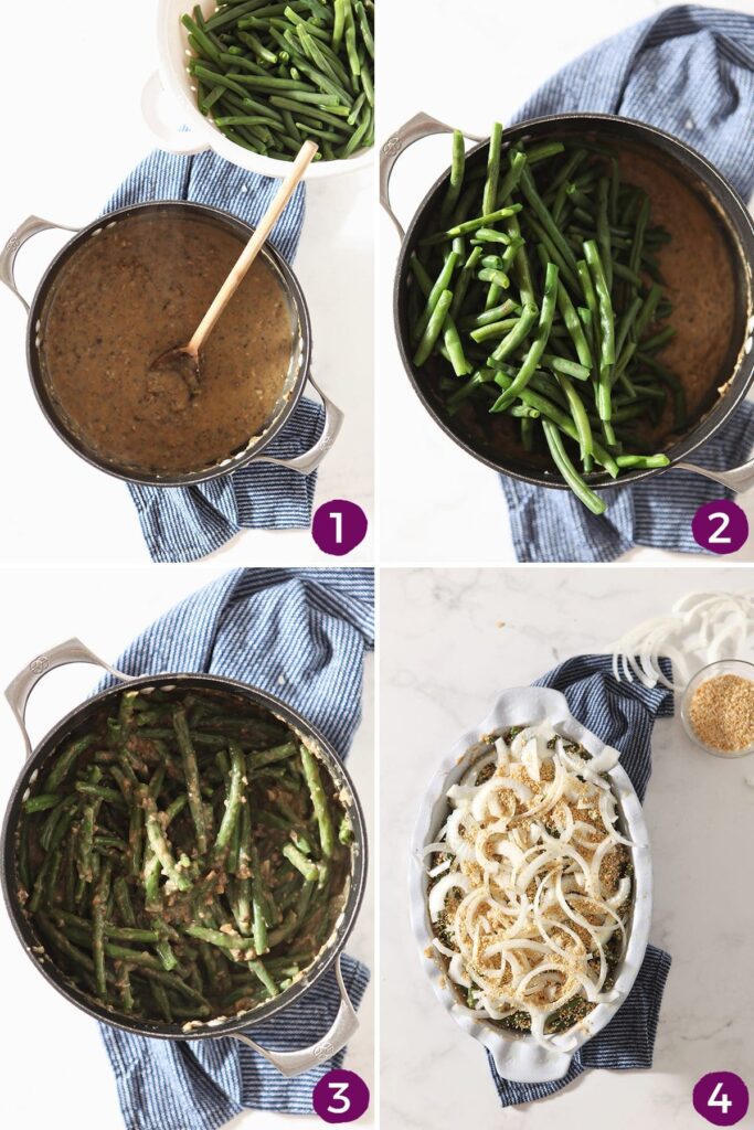 Collage showing how to make vegan green bean casserole