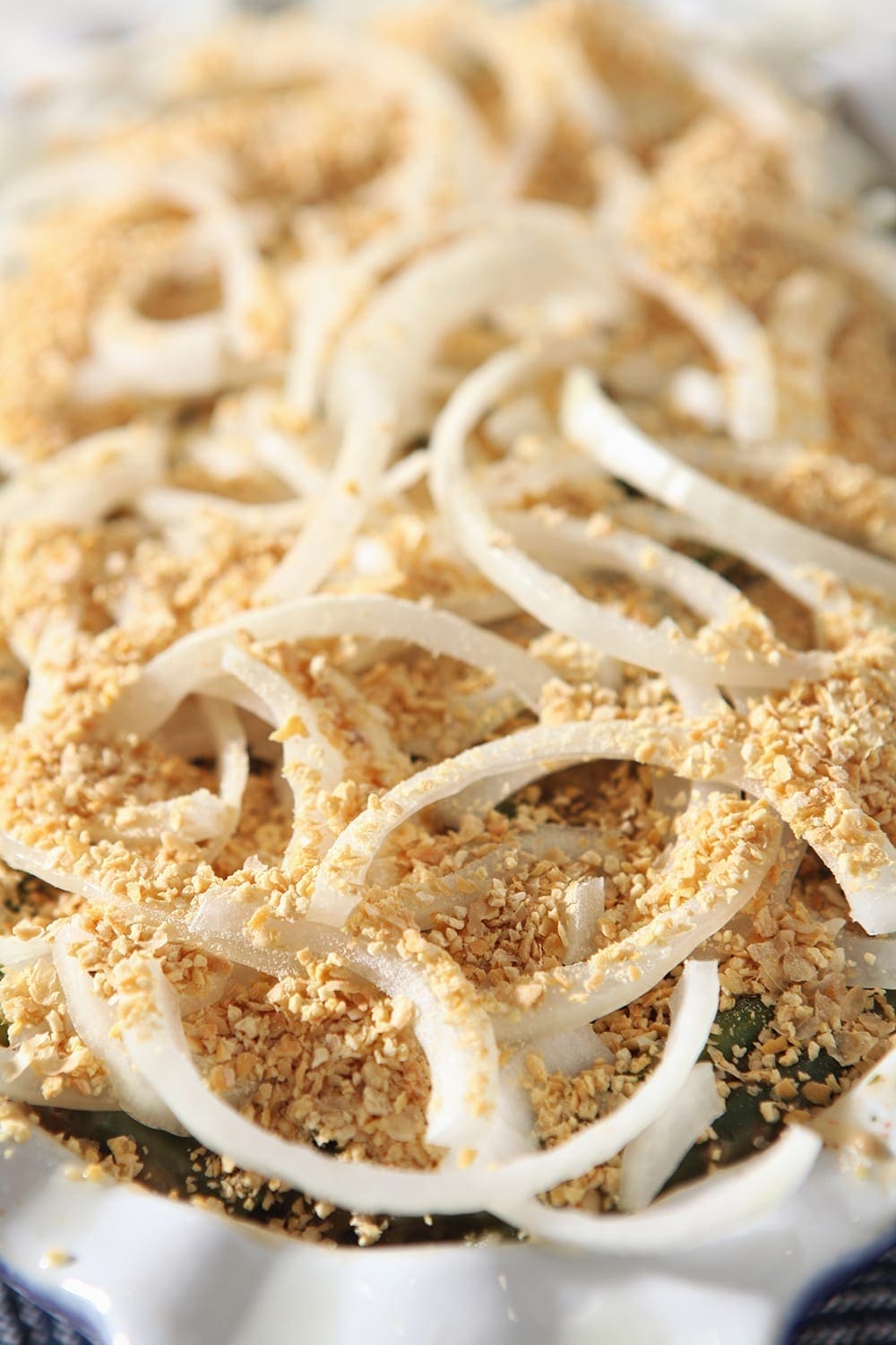 Close up of the crispy onion topping, before baking