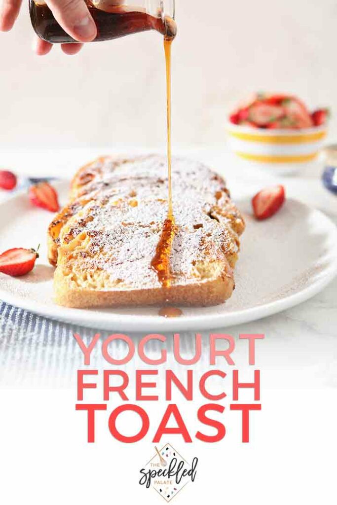 Maple syrup is drizzled onto French toast, with Pinterest text