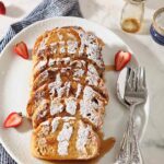 Overhead of the Healthy French Toast, drizzled in maple syrup