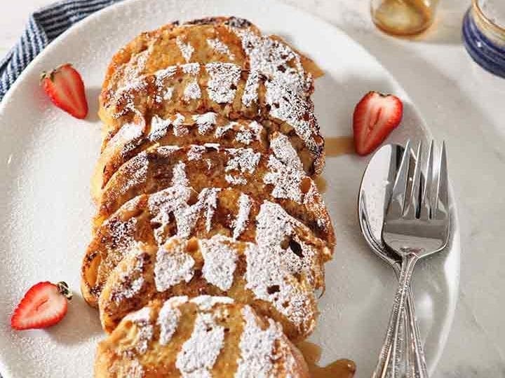Overhead of the Healthy French Toast, drizzled in maple syrup
