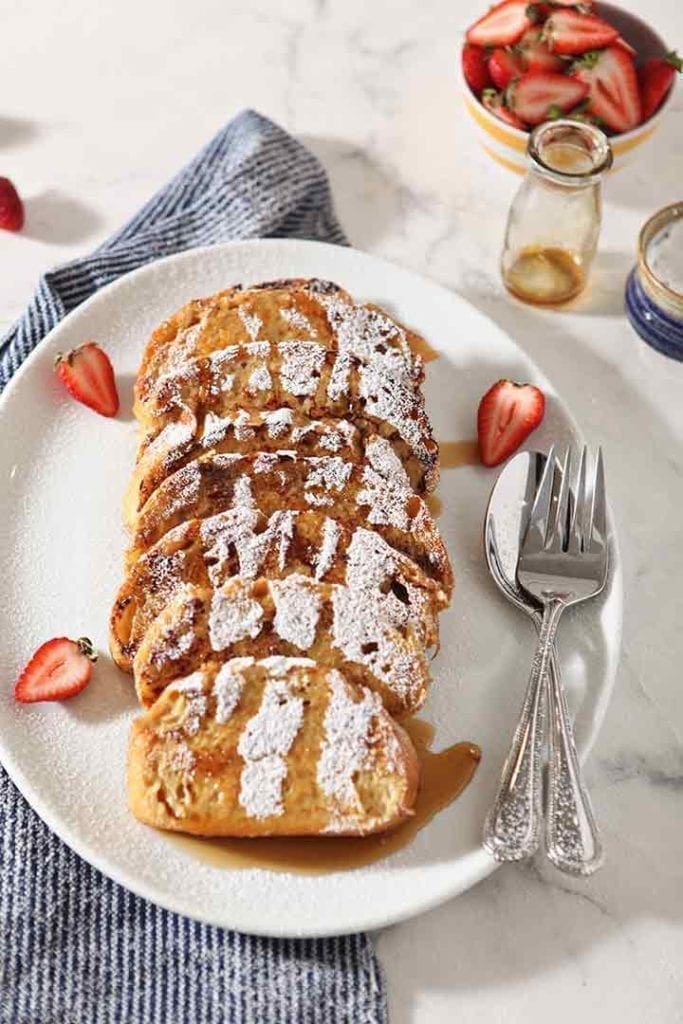 Overhead of the Healthy French Toast, drizzled in maple syrup