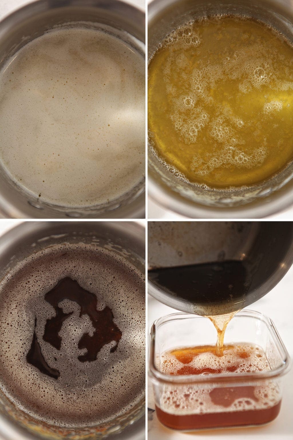 Collage showing how to brown butter in a pan