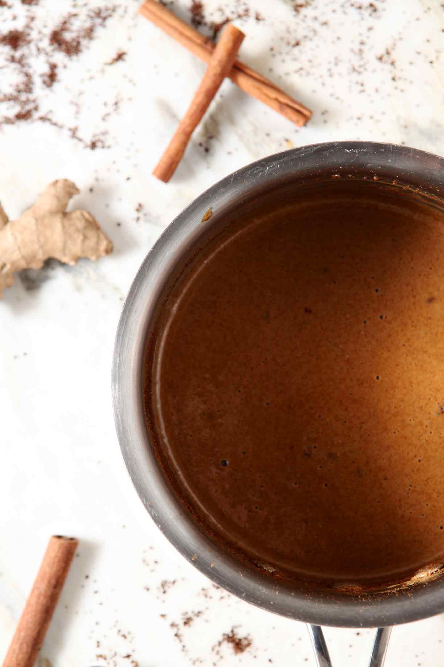 Close up of the final creamer in a saucepan