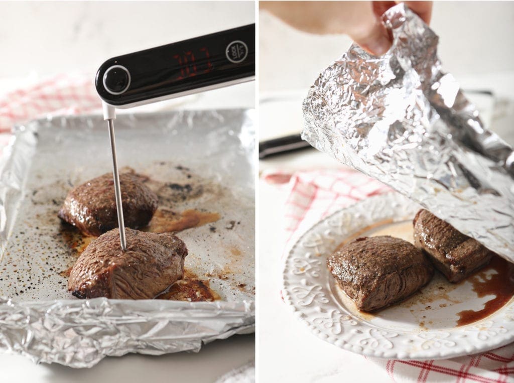 Two image collage of steak temperature being taken and the steaks resting on a plate beneath foil