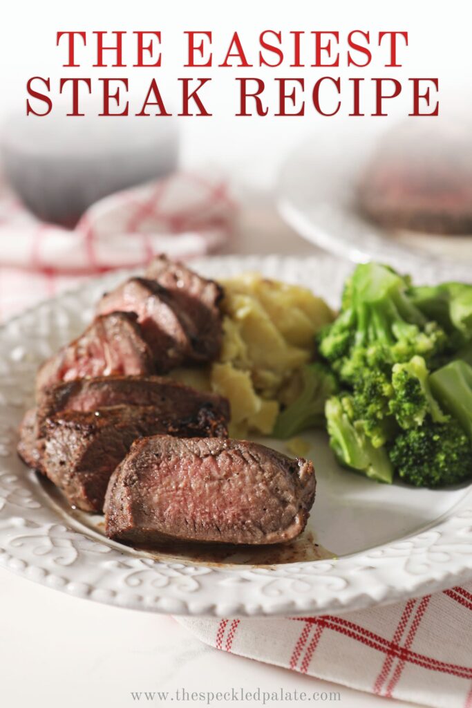 Close up of broiled steak on a plate with potatoes and broccoli, with text