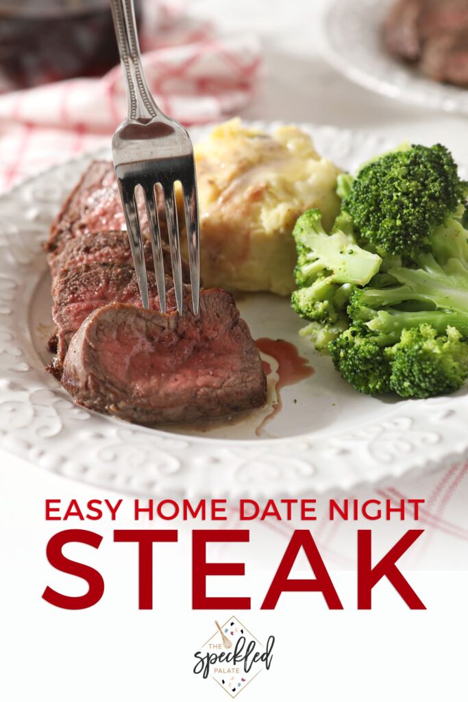 Close up of broiled steak, being picked up with a fork, with Pinterest text