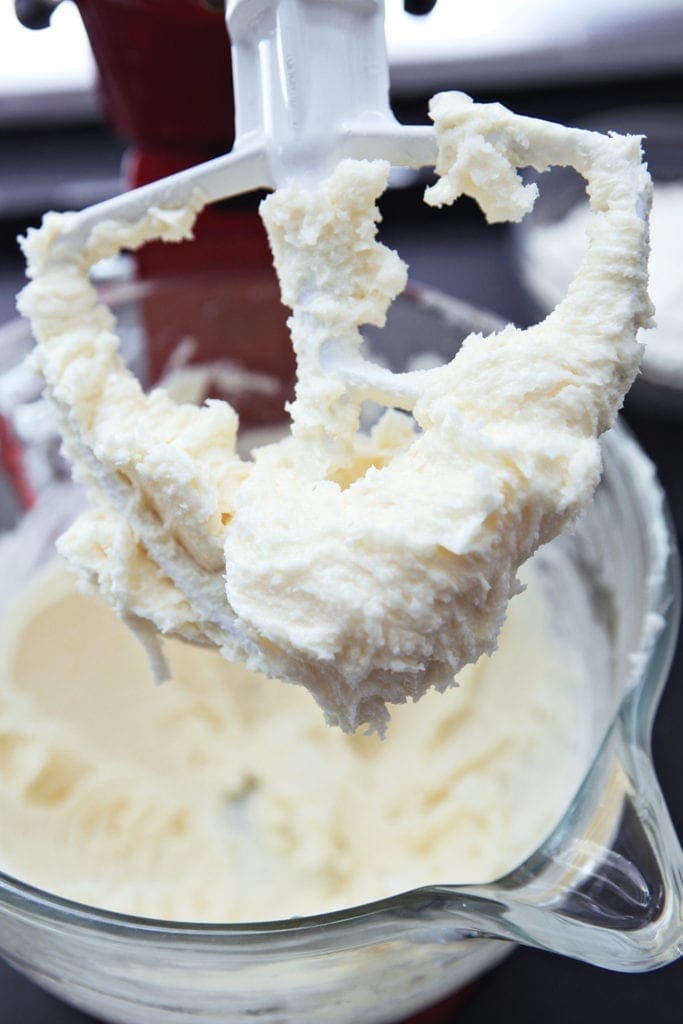 Butter and sugar stick to a paddle mixer attachment on a stand mixer, after creaming