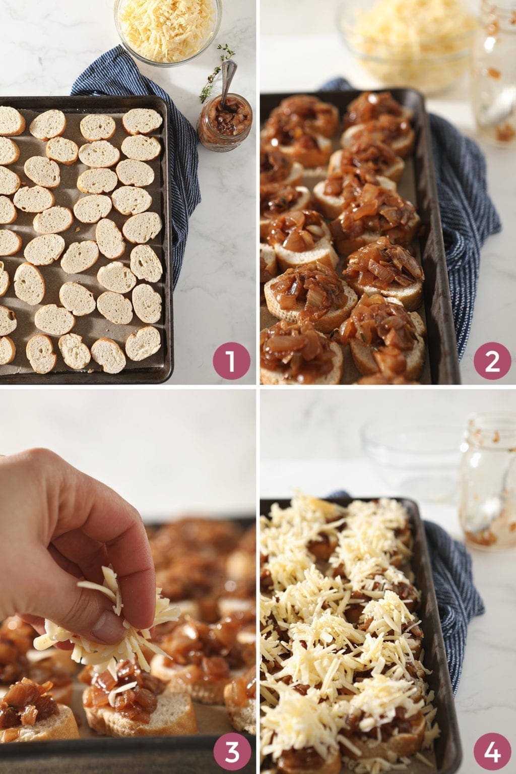 Collage of four images showing the steps of preparing the Steak Bruschetta with French Onion Marmalade