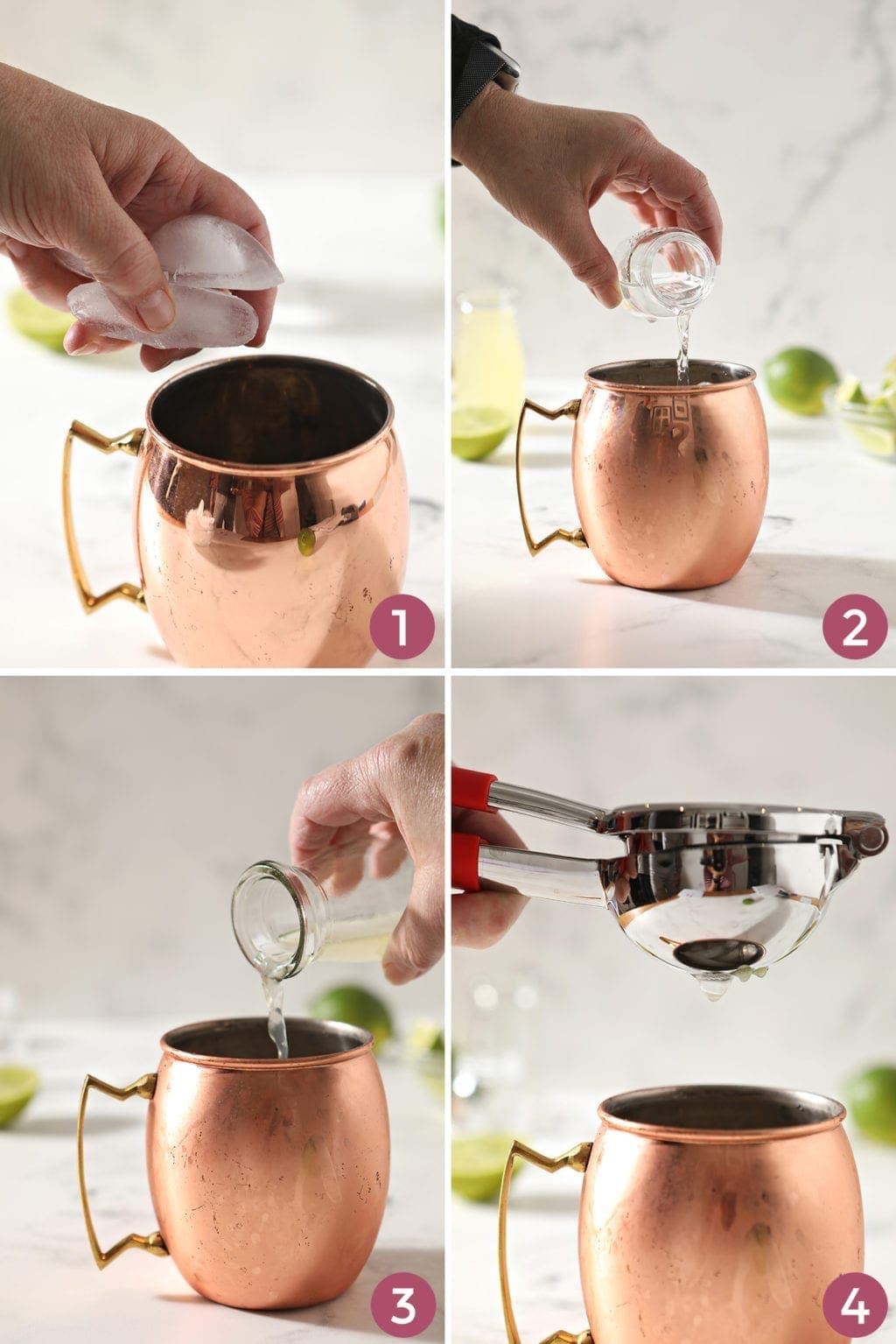 A collage of four images showing what order to add ingredients to a Moscow Mule copper mug