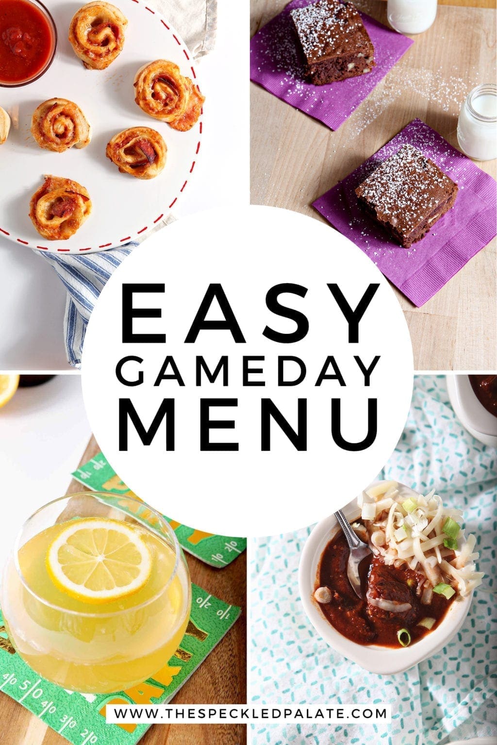 Pinterest collage of a GAMEDAY MENU featuring four images and text