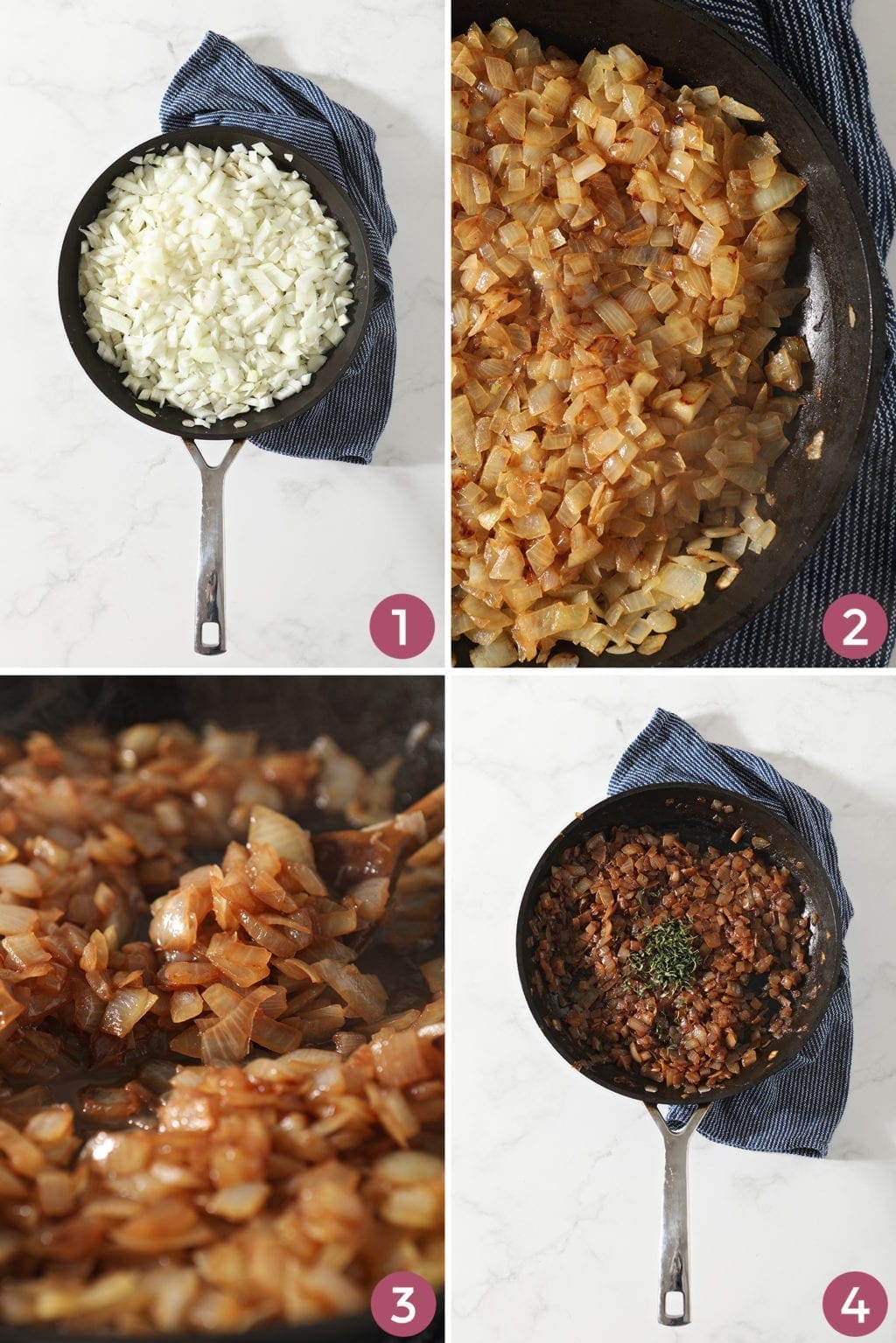 Collage of four images showing the stages of French Onion Marmalade in a skillet from above