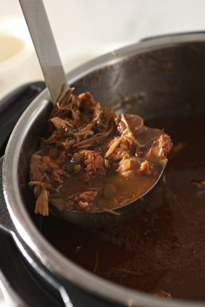 A ladle lifts gumbo out of the Instant Pot, after cooking