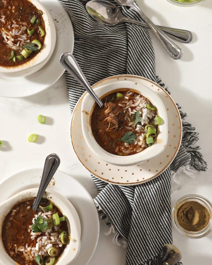 Three bowls of Instant Pot Gumbo, from above