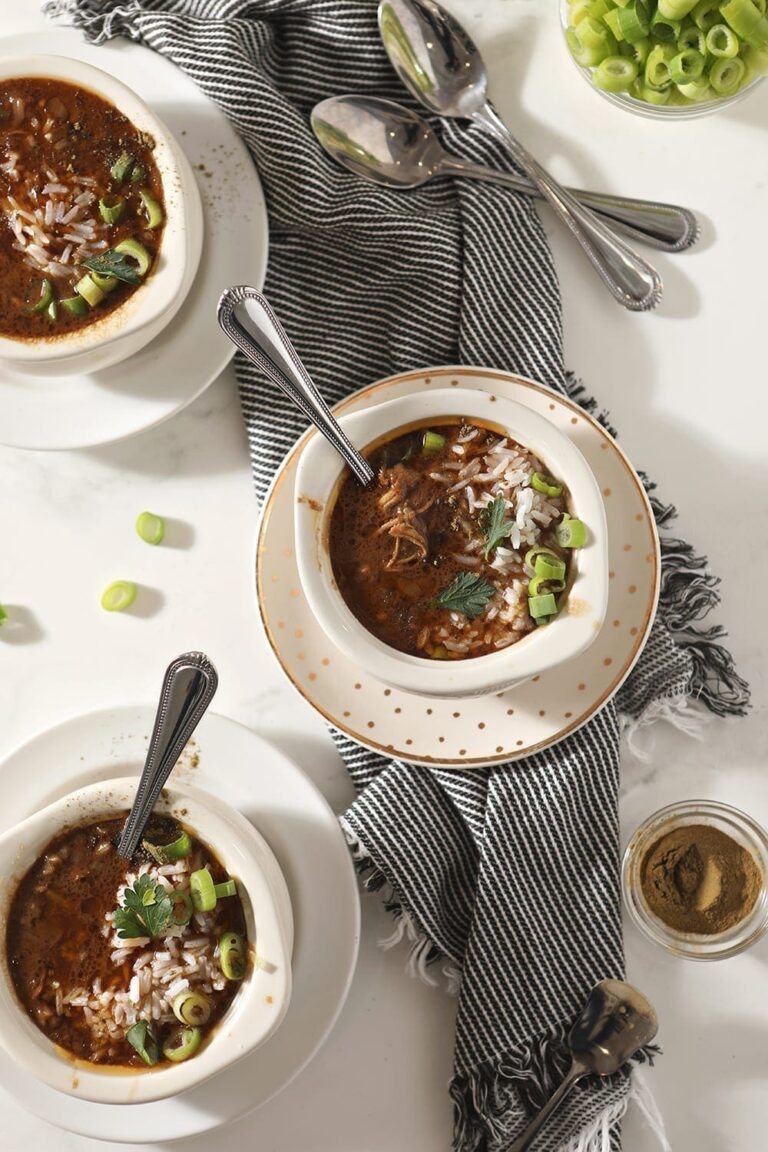 Three bowls of Instant Pot Gumbo, from above