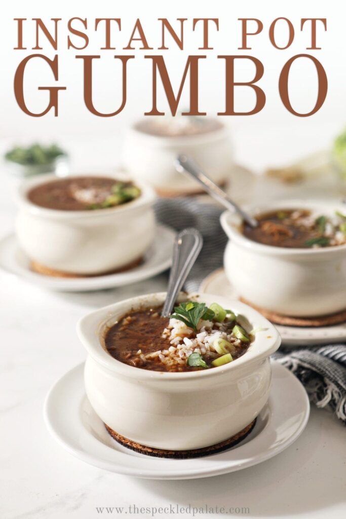 Four bowls of Instant Pot gumbo on a white background, with Pinterest text