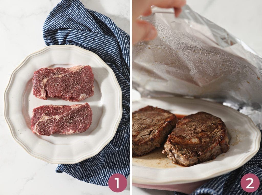 Collage of two images showing the steak before cook from above and after it's been seared in a pan