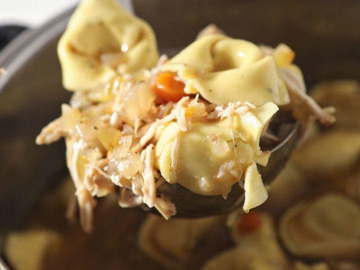 A ladle lifts soup out of the Instant Pot