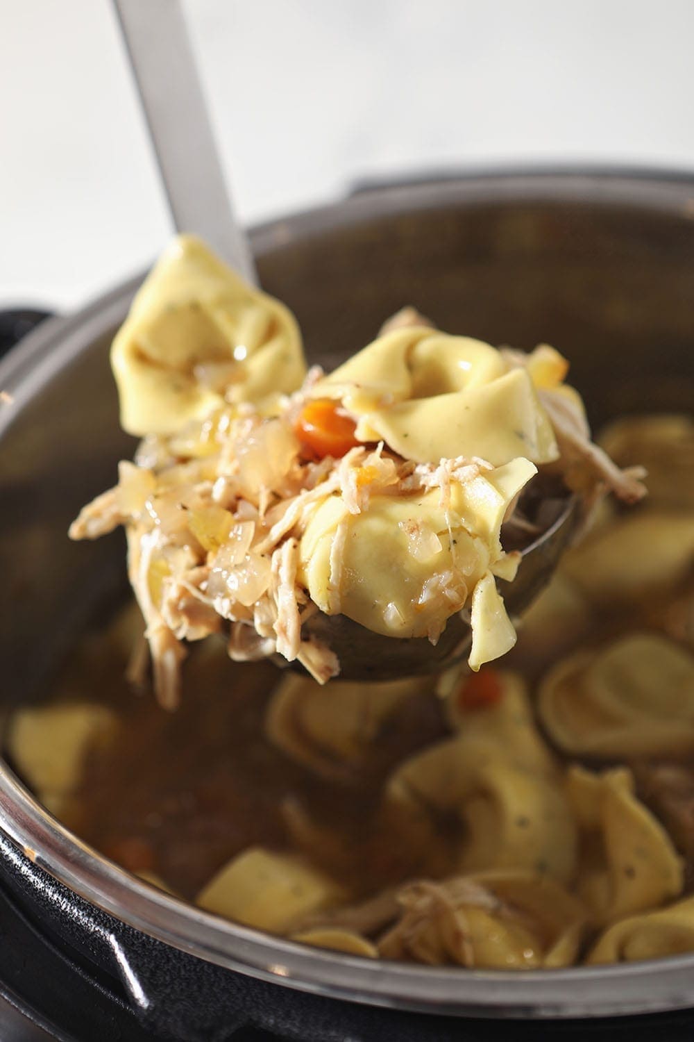 A ladle lifts soup out of the Instant Pot