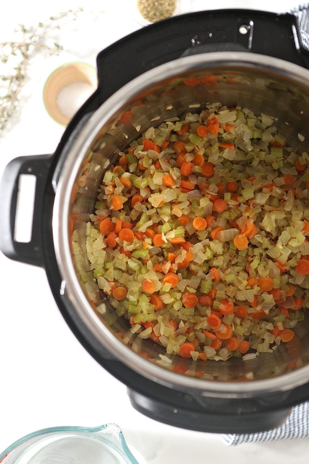 Vegetables are sauteed in the Instant Pot, from above