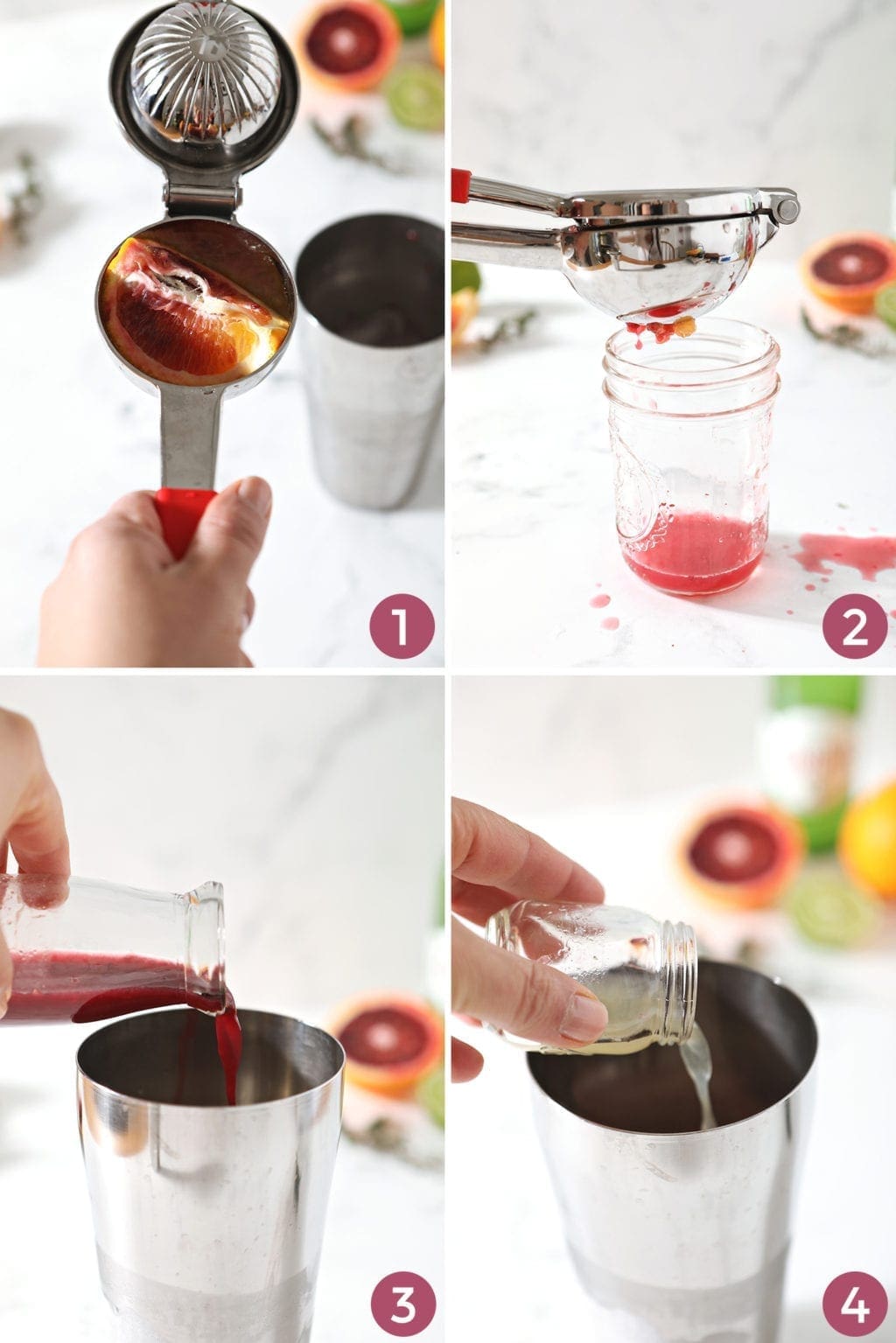 Collage of four images showing how to juice a blood orange and measure in ingredients into a cocktail shaker