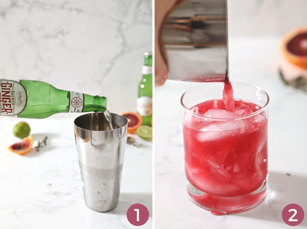 Collage of two images showing how to pour in the ginger beer and how to strain the orange mocktail into a glass