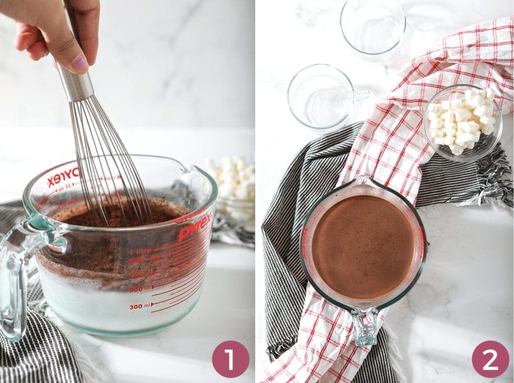 A collage of two images shows what the hot chocolate should look like when whisked and after heating