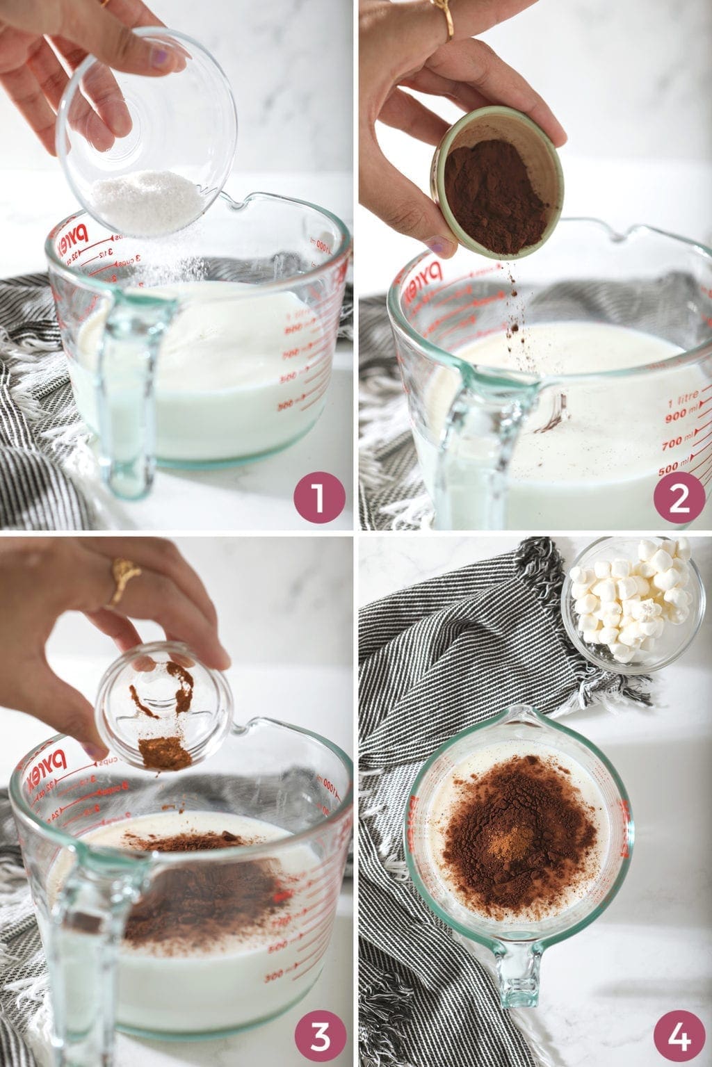 A collage of four images shows how to measure in the ingredients and how the cocoa looks before heating