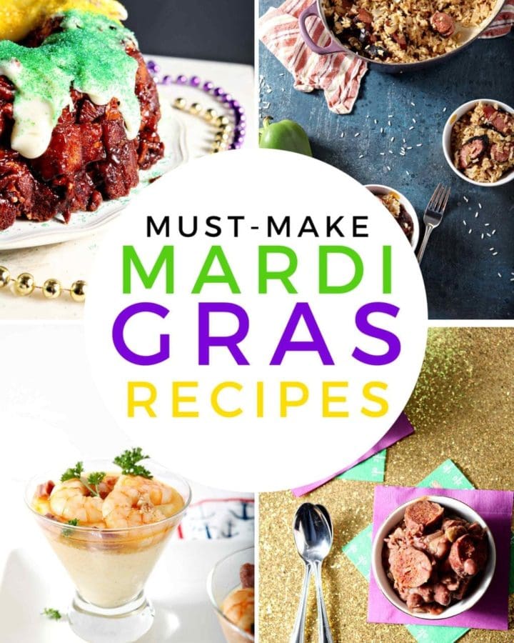 Collage of Mardi Gras Recipes, featuring a king cake, jambalaya, shrimp and grits and red beans and rice