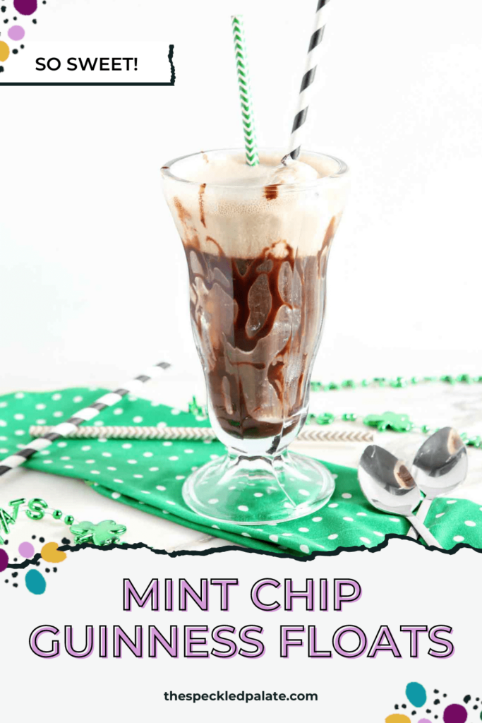 An ice cream float in a float glass with straws on a green napkin with the text Mint Chip Guinness Floats