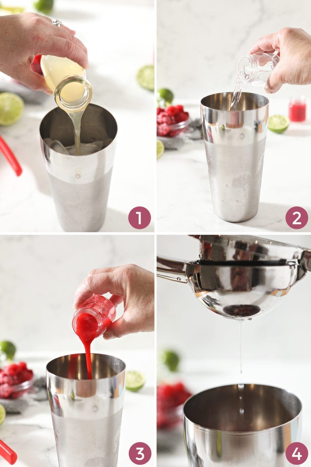 Collage of four images showing how to mix a Raspberry Moscow Mule