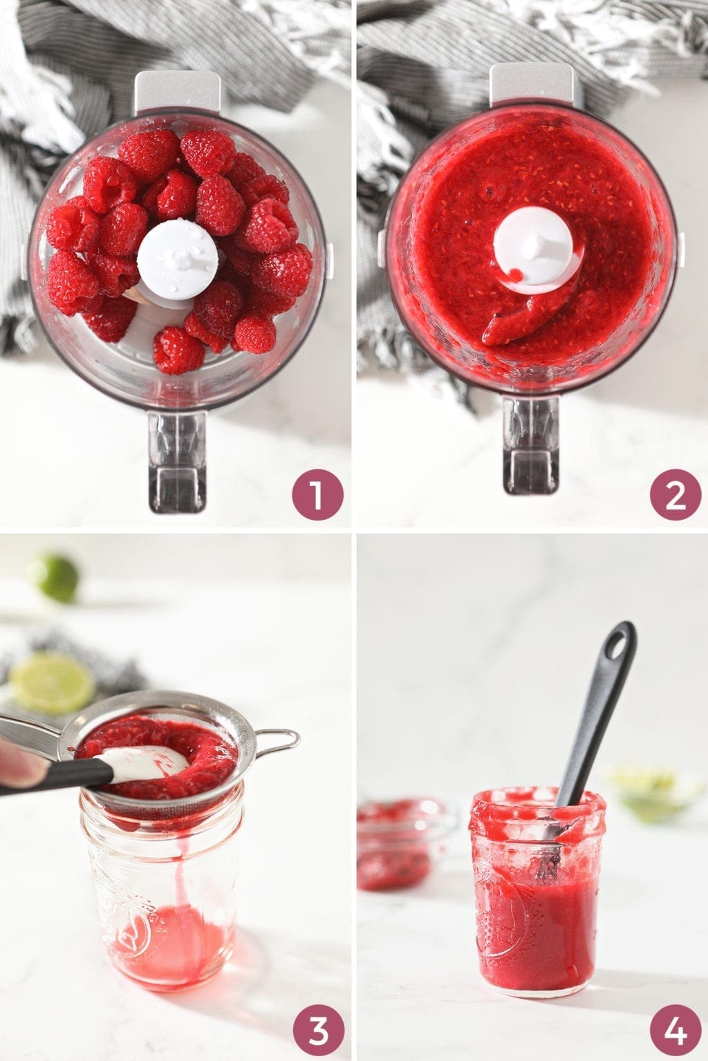 Collage of how to make raspberry puree in a food processer, from above