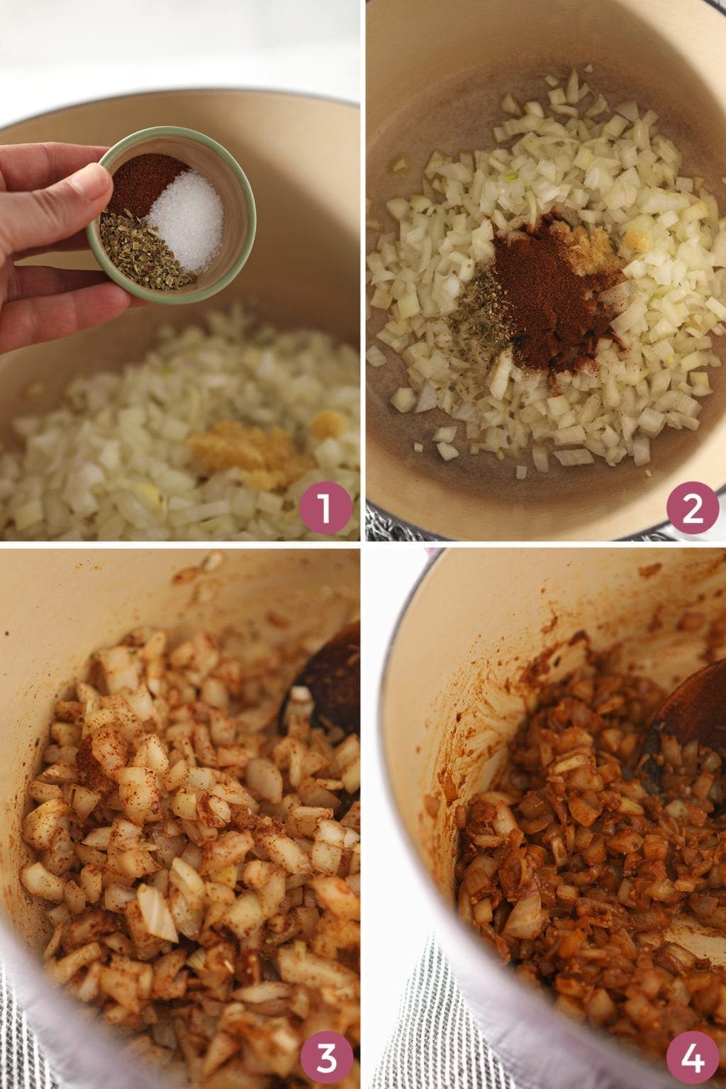 A collage of four images shows how to cook down the onions and garlic with spices for the chili recipe