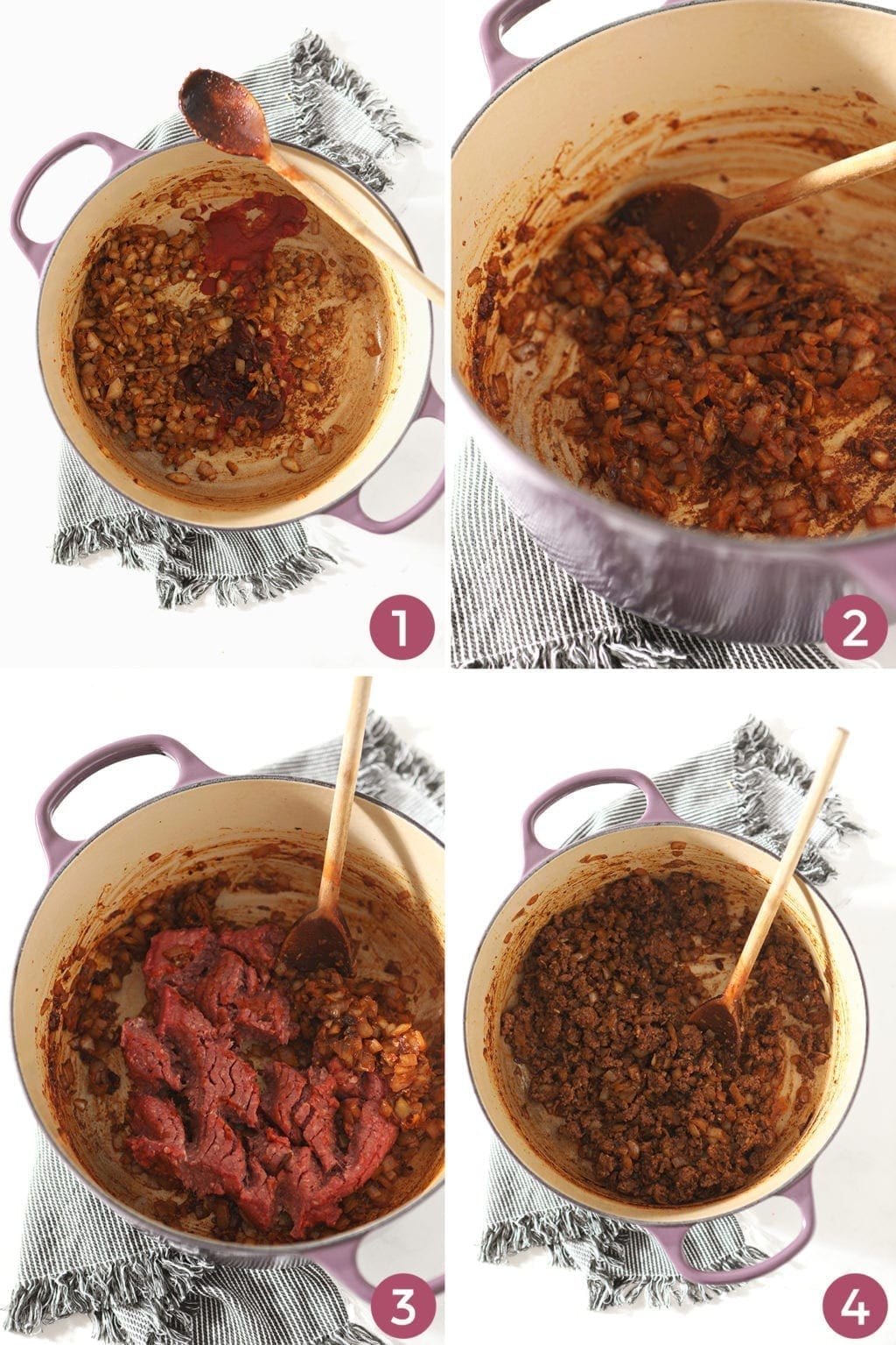 A collage of four images shows what ingredients should look like as they cook, as well as when to add the beef to the pot